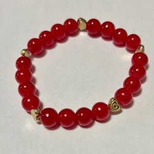 Chic Red Beaded Bracelet with Gold Heart Accents